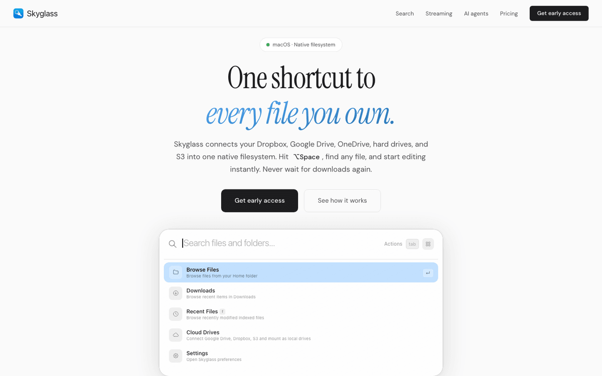 Skyglass homepage, unified file search across all cloud storage