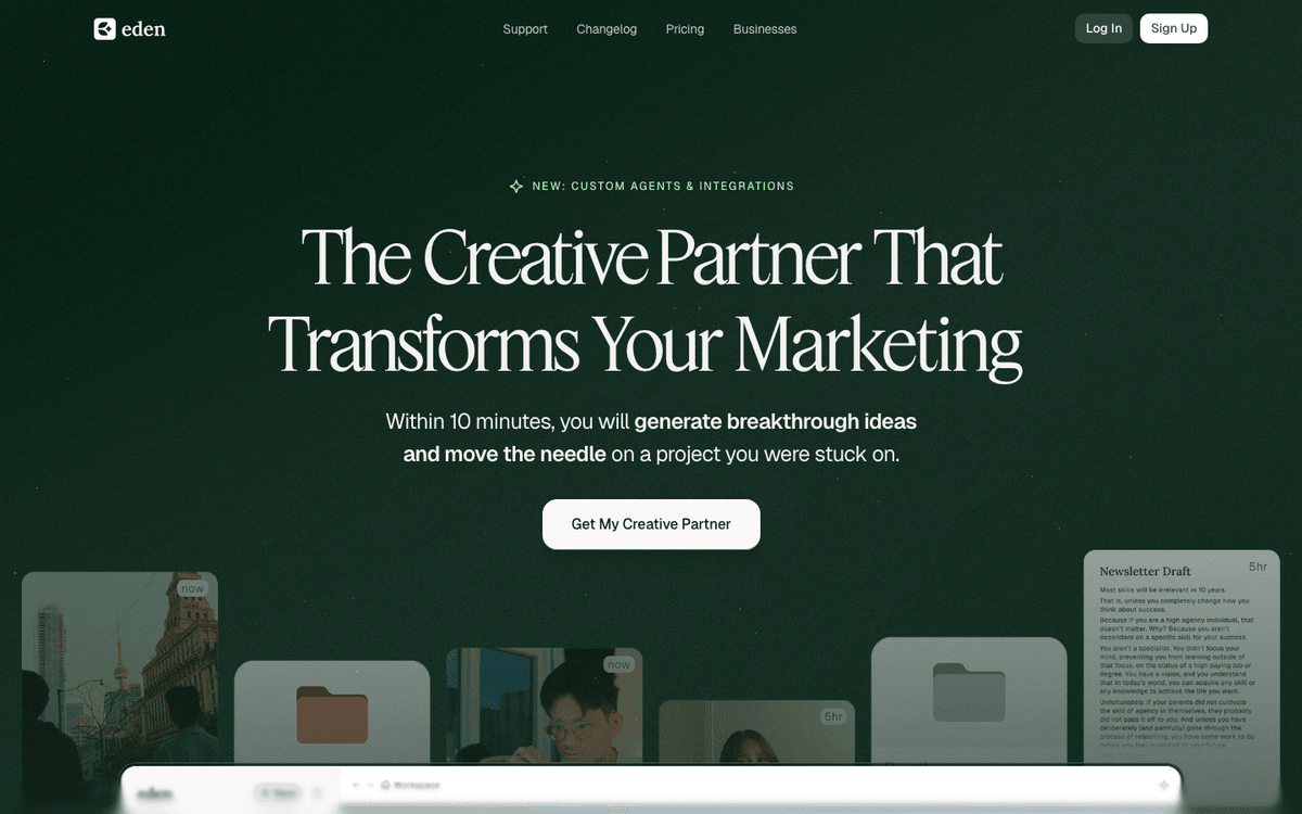 Eden homepage, AI-powered creative workspace